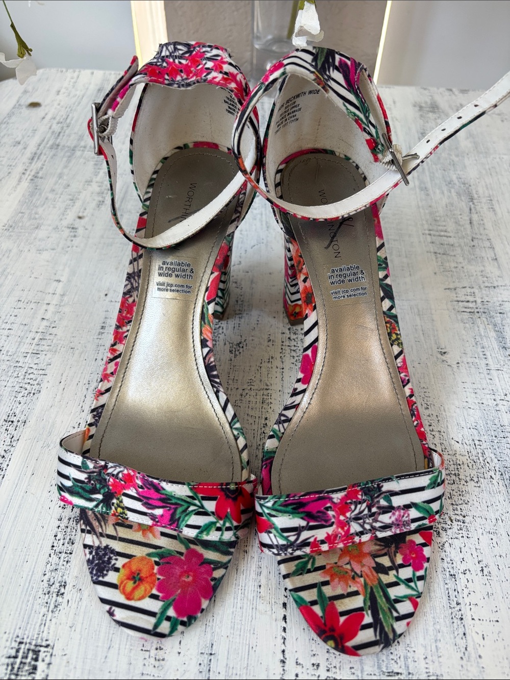 Worthington Floral Stripe Ankle-Strap Heels - Pink Multi